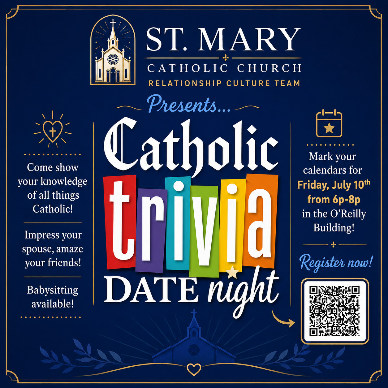 Catholic Trivia Date Night at St. Mary Catholic Church on Friday, July 10 from 6 PM to 8 PM